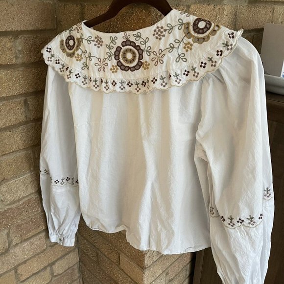Zara Embroidered Broderie Large Collar White Long Sleeve blouse Large - Picture 2 of 3